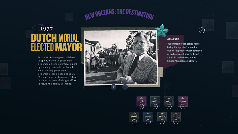 1977 Dutch Morial timeline card Timeline card for 1977, Dutch Morial elected mayor, with an archival photo and a NOLA Fact panel