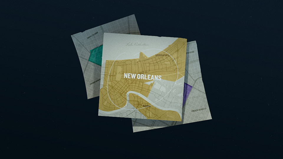 Layered New Orleans map cards Layered New Orleans map cards scattered like loose paper