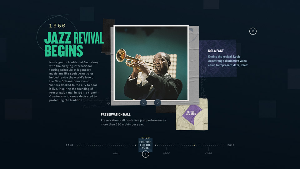 1950 Jazz Revival card 1950 Jazz Revival card with a Louis Armstrong photo and a Preservation Hall note