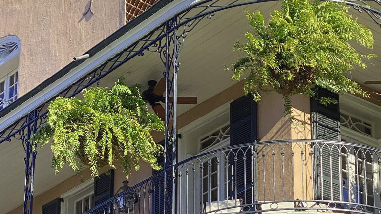French Quarter balcony French Quarter balcony with a cast-iron railing and hanging greenery