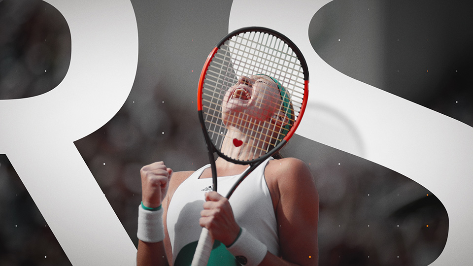 Oversized letterform frame Oversized RS letterforms framing a tennis player mid-celebration