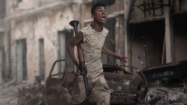 Opener frame Opener frame showing a young man on a crutch running through a bombed-out street