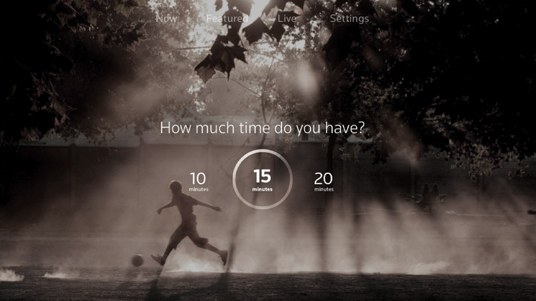 Session length selector Session length selector asking How much time do you have, with 10, 15 and 20 minute options