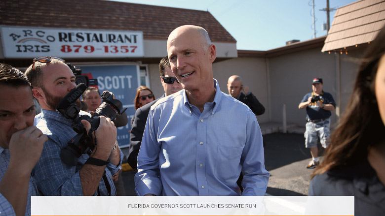 Lower third in use Lower third reading Florida Governor Scott launches senate run