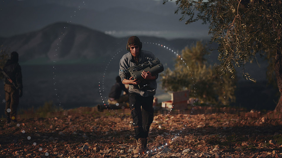 Circular data overlay Soldier carrying a child, with the circular dotted data graphic overlay