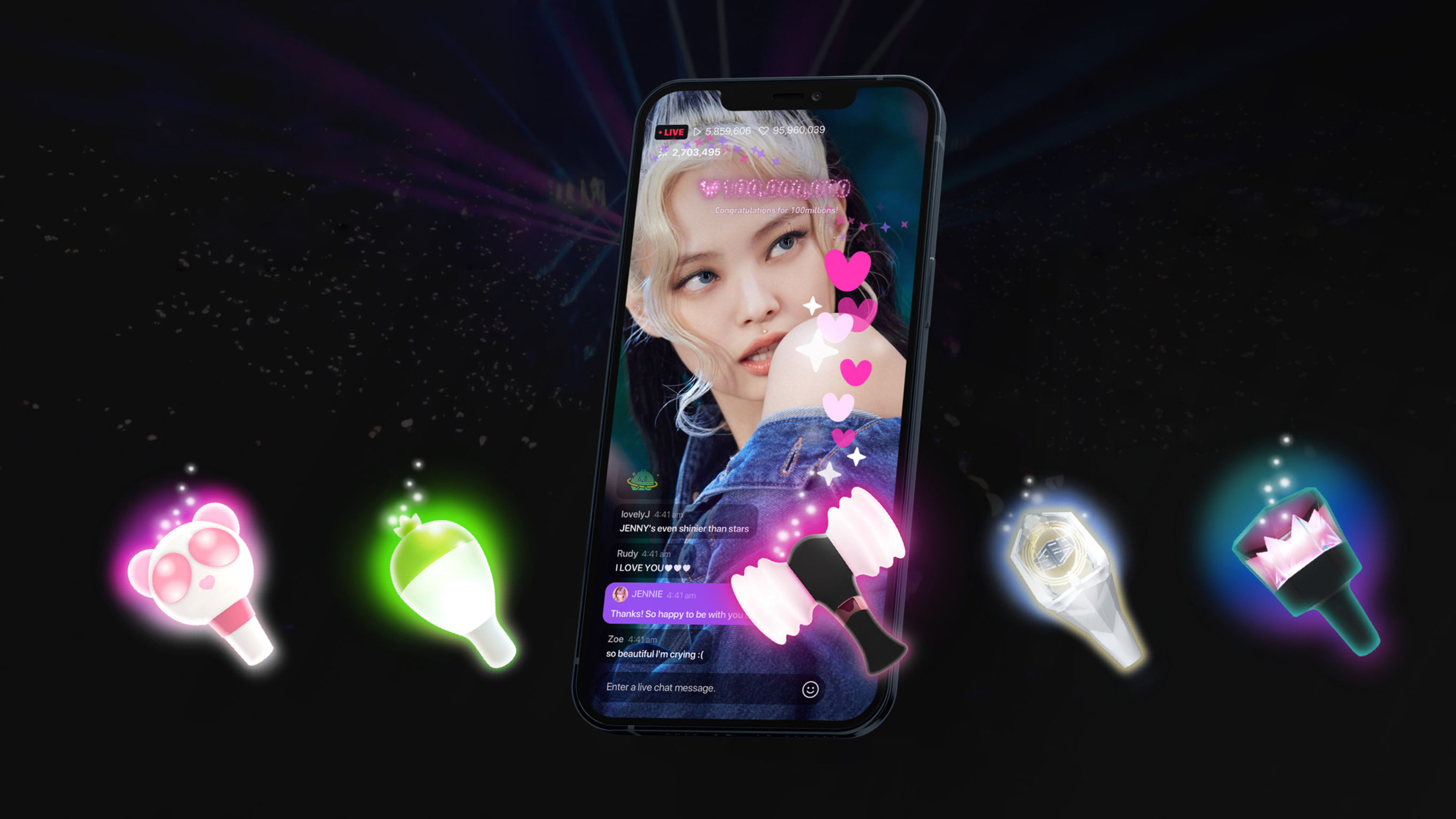 V LIVE end card V LIVE end card showing a phone streaming a live broadcast, ringed by glowing light stick emotes